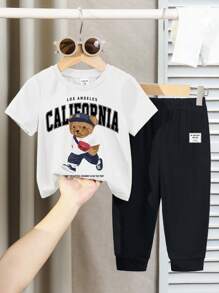 SHEIN 2pcs/Set Young Boy Casual Minimalist Cartoon Bear Pattern Round Neck Short Sleeve Top And Long Pants Set - Multicolor - View 2
