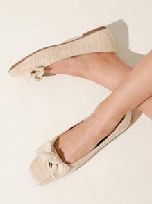 CUCCOO CHICEST 女士夏季新款蝴蝶结方头平底休闲基本款卡其色亚麻编织乐福鞋，优雅适合下午茶、约会、度假穿着 - 杏色 - 查看 3