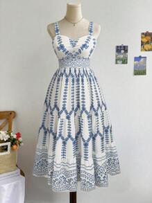 Elenzga 大码女式浪漫花卉印花飘逸连衣裙、度假连衣裙 - 藍白色 - 查看 4