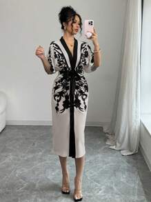 Elenzga Women Mid-Length Short Sleeve Dress, Fashionable For Summer - Grey - View 4