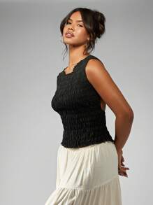 MISSGUIDED 衬衫烟熏背心无袖夏季卡米褶皱休闲弹力高级时尚质感基本款必备春节演唱会派对吊带背心弹力上衣 - 黑色 - 查看 5