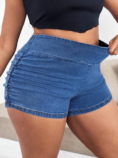 SHEIN ICON EZwear 大码牛仔短裤，休闲弹力高腰，蓝色，休闲紧身弹力牛仔短裤，休闲牛仔针织弹力短款紧身裤，蓝色，超短骑行短裤，休闲日常穿着情人节，迷你短裤，褶皱骑行短裤，瑜伽运动