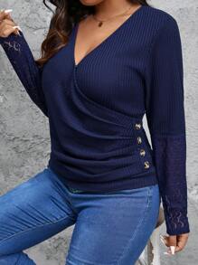 SHEIN Frenchy 大码女式秋季纯色重叠 V 领褶皱撞色蕾丝长袖 T 恤，春夏秋季女装 - 藏蓝色 - 查看 7