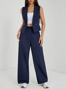 SHEIN PETITE Setelan Musim Gugur Dua Potong 2pcs/Set Wanita Atasan Tanpa Lengan dan Celana Warna Polos, Pakaian Musim Gugur Biru Tua, Wanita Bertubuh Mungil - Navy Blue - View 5