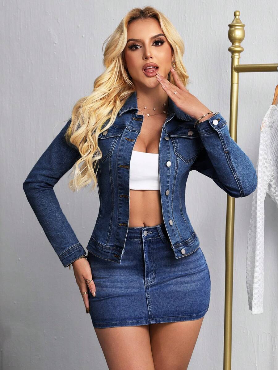 SHEIN SXY Casual Washed Front Button Slim Fit Denim Jacket - Light Wash - View 1