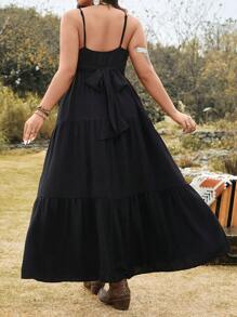 SHEIN LUNE Plus Size Women Sleeveless Black Adjustable Backless Cinched Waist Waist Casual Vacation Dress