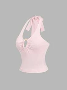 Sweetra Áo dây mảnh gợi cảm cổ điển có khóa kim loại hình chữ V sâu - Hồng - Xem 7