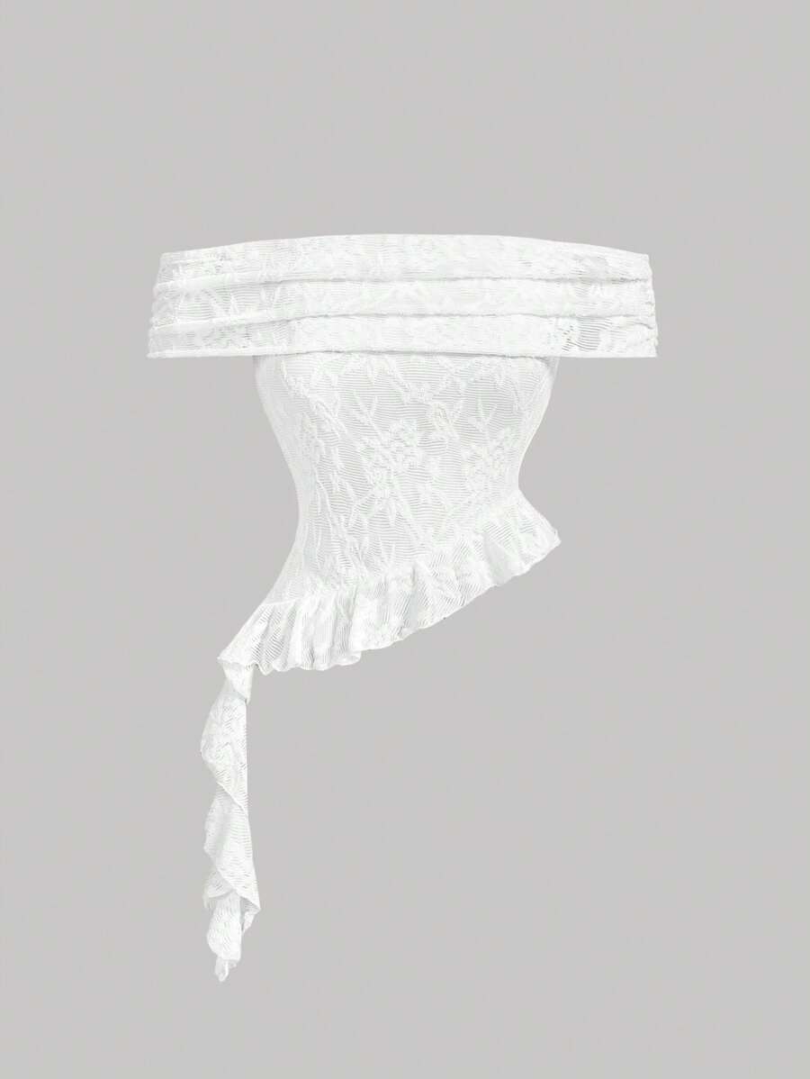 SHEIN MOD White Lace Ruffle Ruffled Hem Blouse For Women - White - View 1
