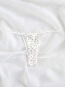 FloralLove 女士 3D 花卉装饰复古碎花丁字裤，白色内衣 - 白色 - 查看 2