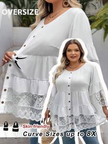 SHEIN CURVE+ Plus Size Women's 3/4 Sleeve Lace Patchwork Loose White Shirt, Suitable For Casual Vacation, Boho Beach - White - View 7