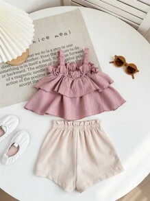 Babygirl Cute Ruffled Spaghetti Strap Vest And Shorts Summer Vacation Set