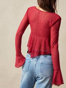 Bohemela Music Festival Solid Color Lace Long Sleeve Ladies Shirt, Summer - Burgundy - View 7