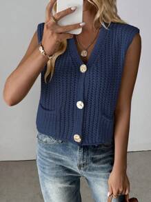 EMERY ROSE 新款 V 领罗纹针织开衫背心，时尚优雅精致女装 - 藏蓝色 - 查看 3