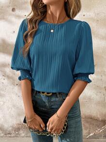 SHEIN Clasi Women Spring Round Neck Mid Sleeve Loose Blouse For Vacation - Teal Blue - View 5