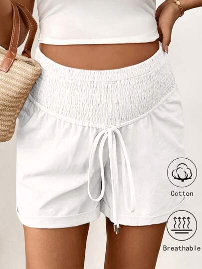 SHEIN Pantalones cortos casuales de lino para mujeres embarazadas con estilo bohemio, de unicolor y adecuados para el verano