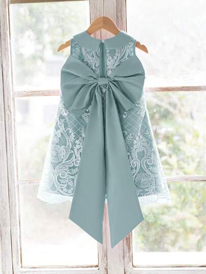 Young Girl Elegant Peter Pan Collar Back Big Bowknot Decor Sleeveless A-Line Lace Dress, Gorgeous Princess, Formal Attire, Sibling Outfits, Party Wear, Birthdays Sisters Outfit, Suitable For Girls Daily Wear, Festivals, Family Gatherings And Special Occasions, Sibling Outfits Sisters Style Outfit, Spring And Summer, Cute & Elegant & Sweet & Vintage & Fashionable.Mom And Daughter & Sisters Matching.