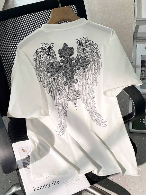 Camiseta de manga corta con cuello de tripulación y estampado de alas para adolescentes, verano