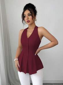 Elenzga Áo sơ mi nữ dáng chữ A không tay xếp ly cổ chữ V cài nút phía trước, giản dị, phù hợp cho công sở, đi nghỉ, mùa xuân/hè - Màu Đỏ Sâu - Xem 6