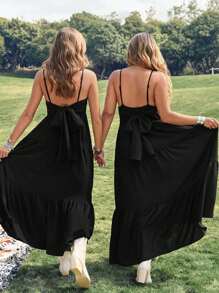 SHEIN LUNE Plus Size Women Sleeveless Black Adjustable Backless Cinched Waist Waist Casual Vacation Dress