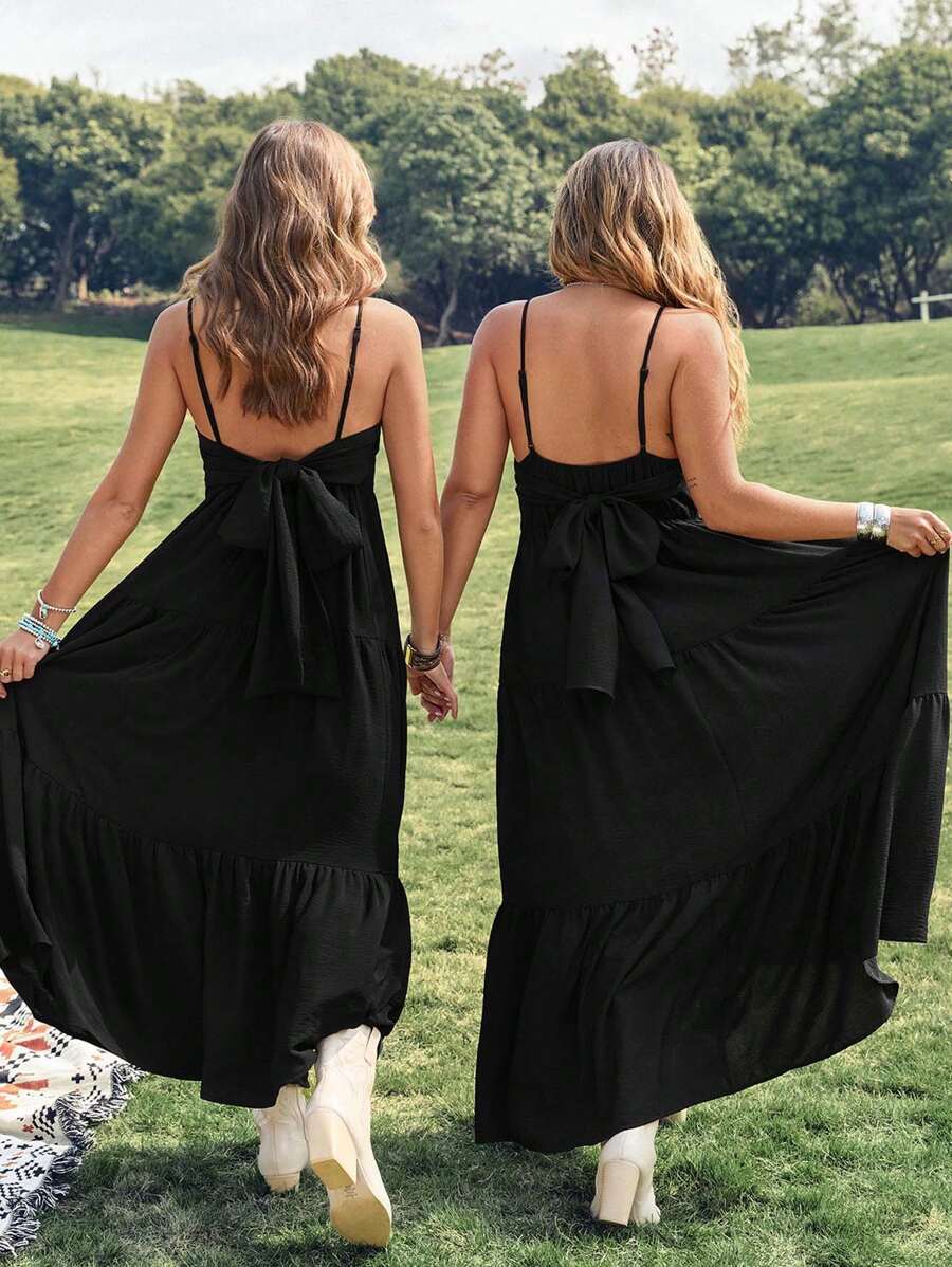 SHEIN LUNE Plus Size Women Sleeveless Black Adjustable Backless Cinched Waist Waist Casual Vacation Dress