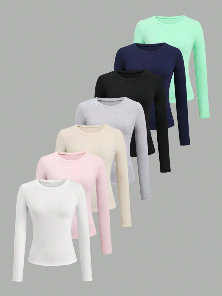 SHEIN Unity 女式修身长袖多色圆领 T 恤和百搭打底衫，适合秋冬季穿着 - 彩色 - 查看 1