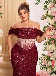 Glamrae Robe de soirée longue de luxe avec épaules transparentes et cristaux strass à la taille, look sirène pailleté élégant, parfait pour une invitée de mariage