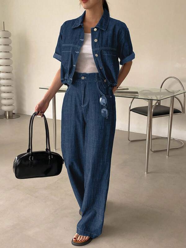 DAZY 2 Stücke Damen Set aus Kurzarm Jeans Top & Lang Jeans Hose, Frühling/Sommer