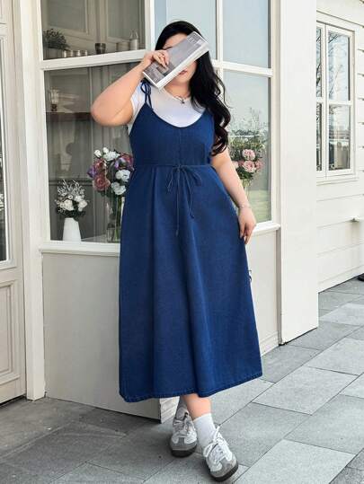 SHEIN ICON 大码女式夏季休闲简约中蓝色牛仔无袖长裙