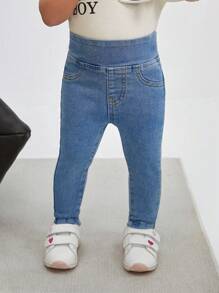 SHEIN Baby Girl Simple Fashionable Denim Jeans, Suitable For Summer - Dark Wash - View 5