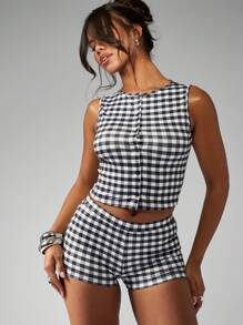 MISSGUIDED 格子格子Co-Ord套装夏季两件套裁剪纽扣前顶高腰短裤休闲周末野餐休息室度假海滩度假服 - 彩色 - 查看 6