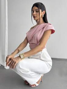 Firerie 女士夏季优雅精准不对称领口粉色修身衬衫，适合通勤和度假穿着 - 粉色 - 查看 6