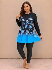 Swim Mulvari Plus Size Women 2 Pieces Long Fashionable Splicing Position Print Slimming Modest Dress Style Burkini Swimwear Set For Holiday - Black - View 5