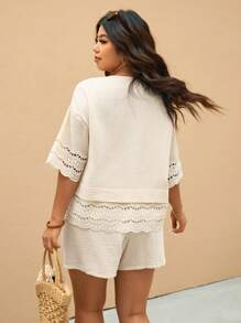 Elaquor 2pcs Plus Size Vacation Casual Solid Color Hollow Out Embroidery Drawstring Shirt And Shorts Set - Khaki - View 6