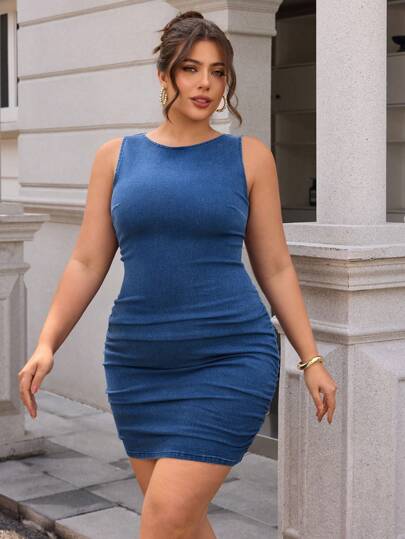 SHEIN Essnce 大码女式圆领无袖褶皱修身牛仔连衣裙