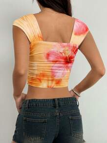 SHEIN EZwear 1 件露肩花卉印花褶皱修身衬衫，适合夏季、海滩、假日、音乐节 - 彩色 - 查看 2