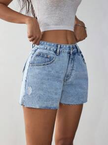 SHEIN EZwear Women's Casual Blue Denim Shorts - High-Waisted Short Jeans With Raw Hem Detail