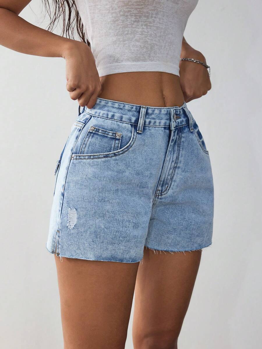 SHEIN EZwear Women's Casual Blue Denim Shorts - High-Waisted Short Jeans With Raw Hem Detail