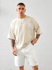 Manfinity VCAY Gender Neutral Casual Knitted Embroidered Pattern Oversized Drop Shoulder Crew Neck Short Sleeve T-Shirt, Suitable For Daily Wear - Apricot - View 3