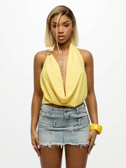 SUMWON WOMEN Multi-Layered Deconstructed Raw Hem Denim Mini Skirt, Y2K Fashion Three-Tier Design, Distressed Festival Summer Club Party Streetwear