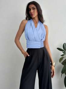 Firerie New Spring/Summer Elegant Office/Casual Wear Women Linen Bamboo Knot Fabric Button Waist Fitted V-Neck Blue Shirt Sleeveless Top,Rave Top,Graduation,Teacher Outfits For Women,Back To School - Blue - View 5