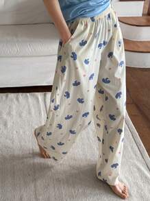 DAZY Cute Elephant Pattern Allover Print Loose Straight Women Pajama Bottom - Beige - View 3