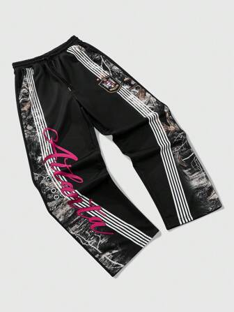 Anime Pantalon de jogging casual quotidien pour hommes, à taille élastique, imprimé de rayures et de branches patchwork
