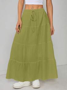 SHEIN PETITE Women Solid Color High Waist Tie Ruffled Hem Maxi Skirt - Green - View 7
