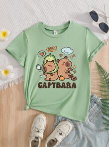 Sparklyn Tween Girls 可爱水豚卡通印花圆领短袖绿色 T 恤，夏季女童 T 恤 - 綠色 - 查看 2