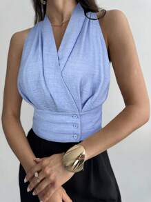 Firerie New Spring/Summer Elegant Office/Casual Wear Women Linen Bamboo Knot Fabric Button Waist Fitted V-Neck Blue Shirt Sleeveless Top,Rave Top,Graduation,Teacher Outfits For Women,Back To School - Blue - View 4