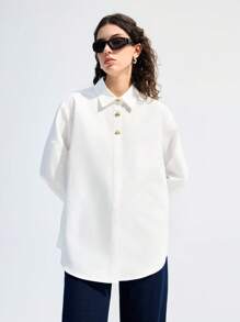 LYSMO 1pc Women Solid Long Sleeve Blouse, Fashionable For Summer - White - View 3