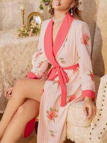 CottageSlumber Striped Rose Flower Ruffle Trim Women Sleepwear Robe - Multicolor - View 6