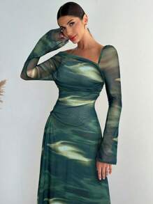 Firerie 女士新款扎染网眼长袖飘逸不对称肩部连衣裙 - 綠色 - 查看 3