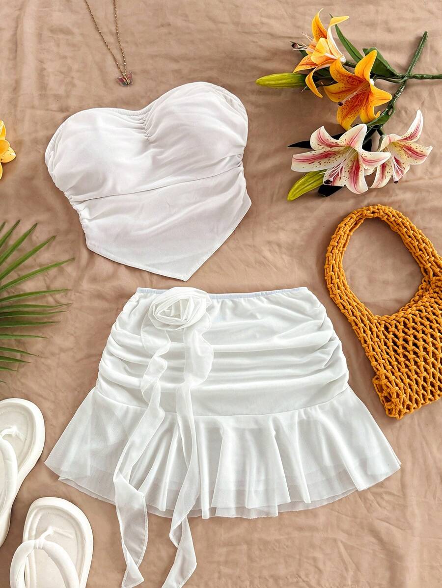 Soleia 2pcs Set Solid Color Gathered Bandeau Top And Draped Skirt Suit,Summer Sets - White - View 1