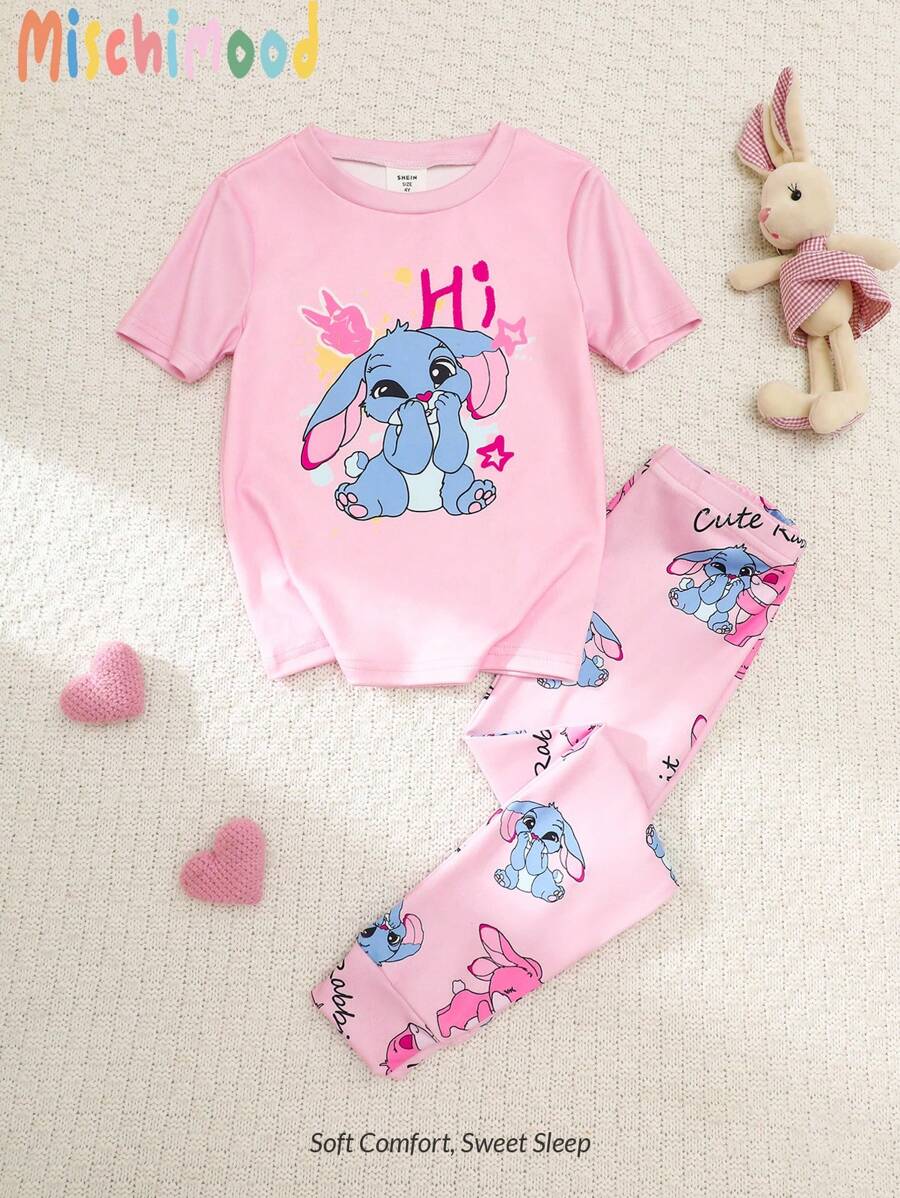 2pcs/Set Young Girl Cute Rabbit Print Soft Comfortable Stretchy Short Sleeve Shorts Pajama Set, Summer Outfit Sets For Kids Cute Clothes For Kids Set Outfit For Kids Girls Outfit Sets 10 Snug Fit Pajamas Holiday Travel Releax Summer Clothes - Pink - View 1